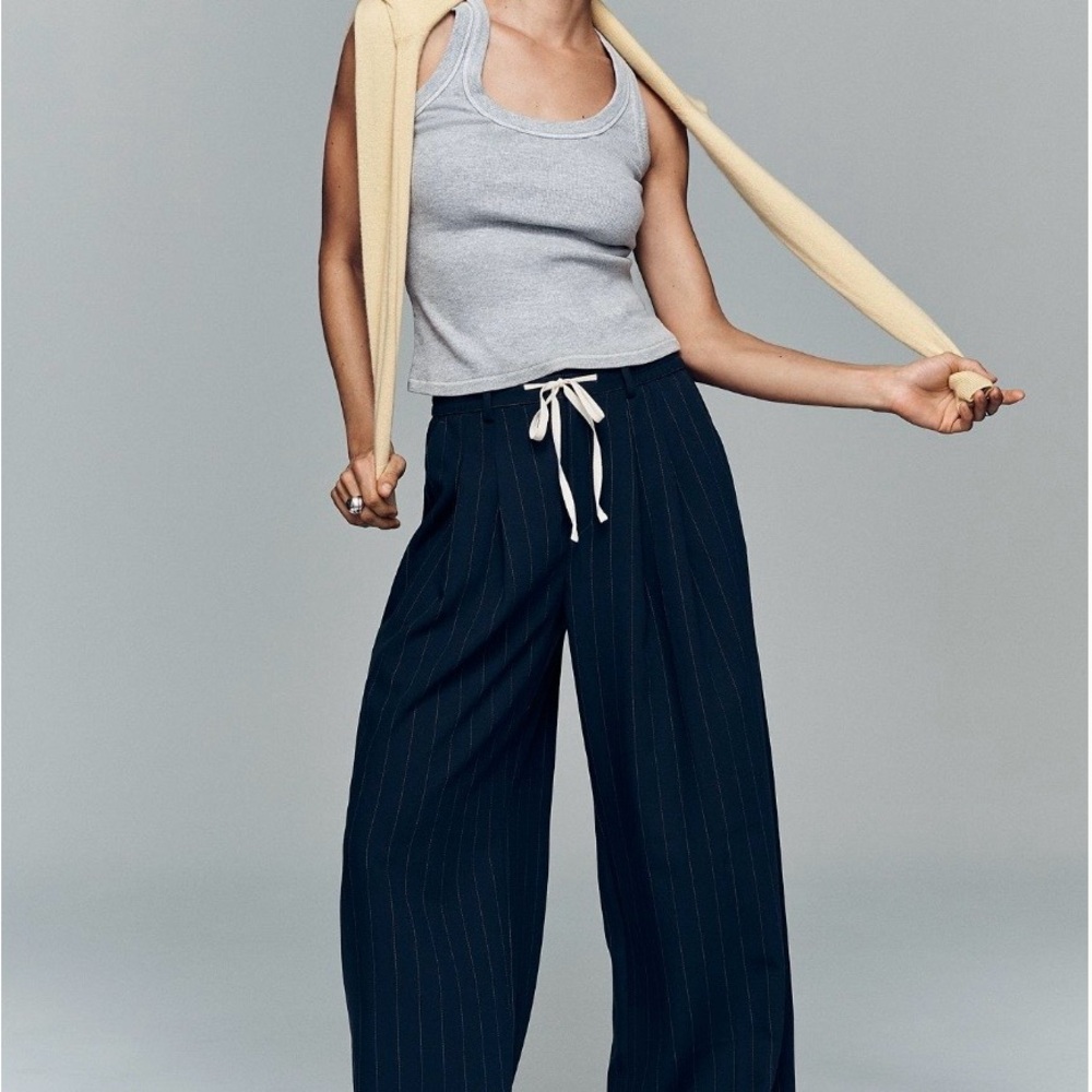 Maeve Navy Pinstripe Wide-Leg Drawcord Trousers